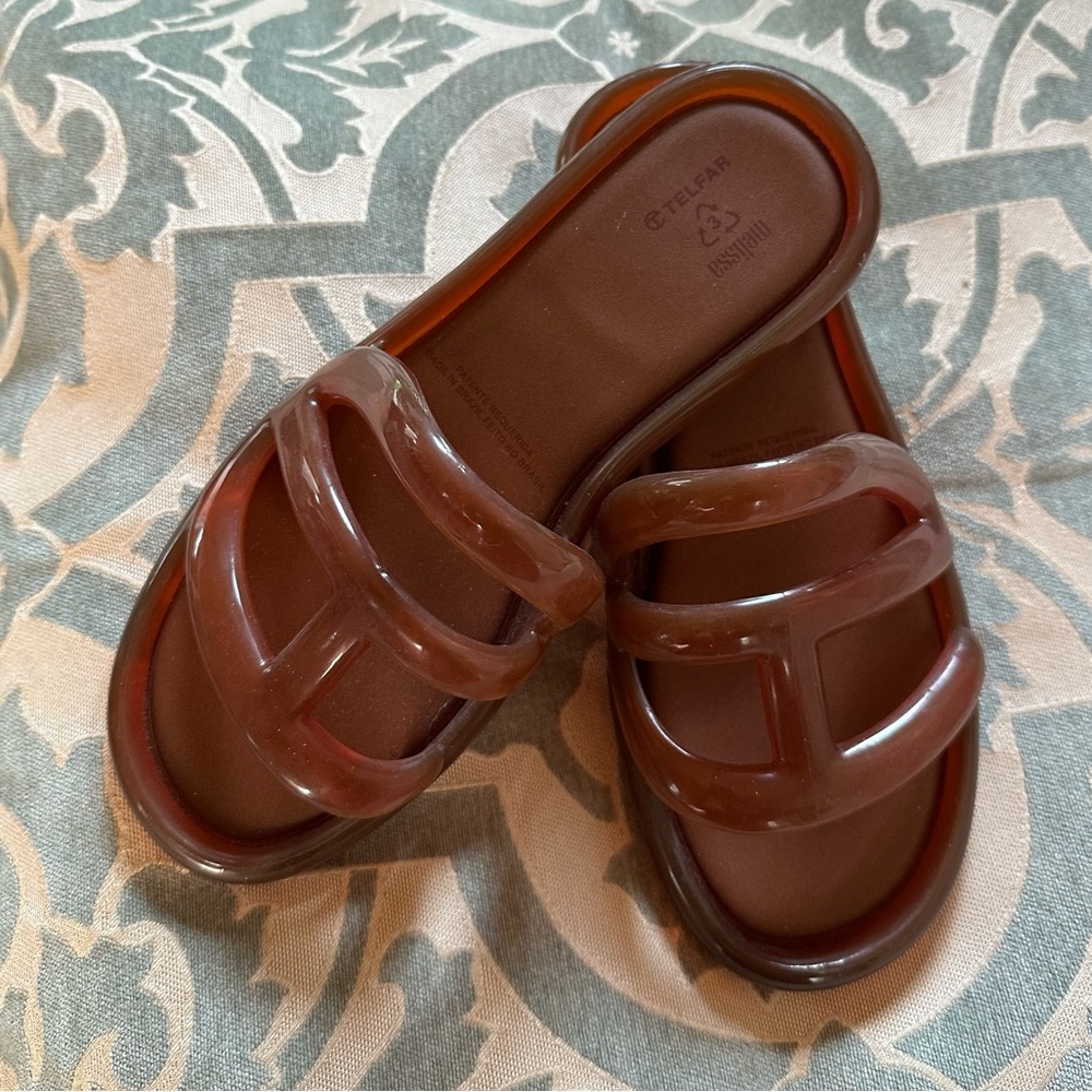 Brown Leather Slide Sandals with Woven Straps